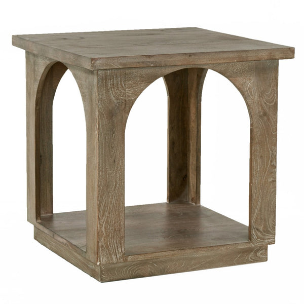 HomeRoots 24" Rustic Brown Distressed Solid Mango Wood Square Floor Shelf End Table for Versatile Use 605353