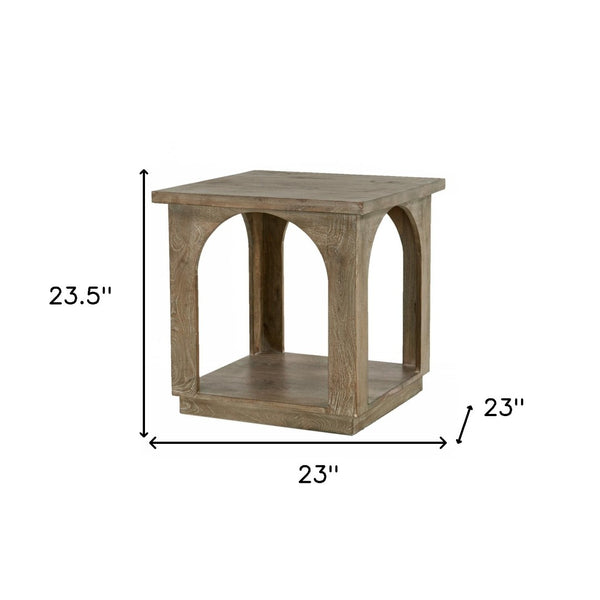 HomeRoots 24" Rustic Brown Distressed Solid Mango Wood Square Floor Shelf End Table for Versatile Use 605353