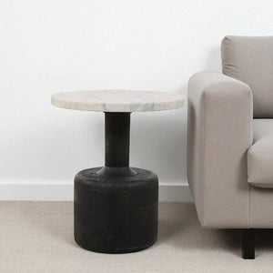 HomeRoots 21" Distressed Black Solid Wood & White Marble Round Pedestal End Table – Vintage Charm & Versatile Use 605356