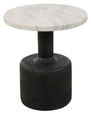 HomeRoots 21" Distressed Black Solid Wood & White Marble Round Pedestal End Table – Vintage Charm & Versatile Use 605356