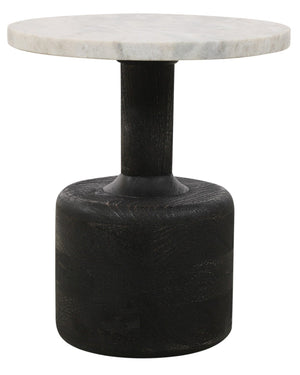 HomeRoots 21" Distressed Black Solid Wood & White Marble Round Pedestal End Table – Vintage Charm & Versatile Use 605356