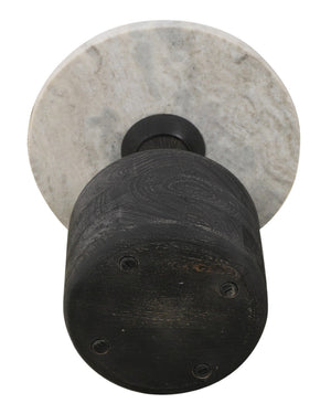 HomeRoots 21" Distressed Black Solid Wood & White Marble Round Pedestal End Table – Vintage Charm & Versatile Use 605356