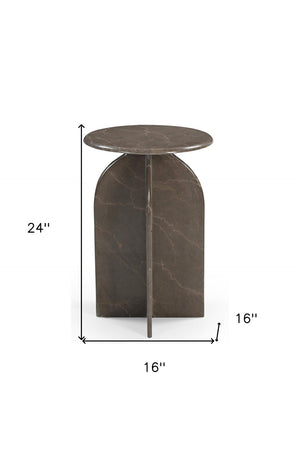 HomeRoots 24" Brown Marble Round Pedestal End Table - Elegant Accent for Living Room, Bedroom, or Office Decor 605358