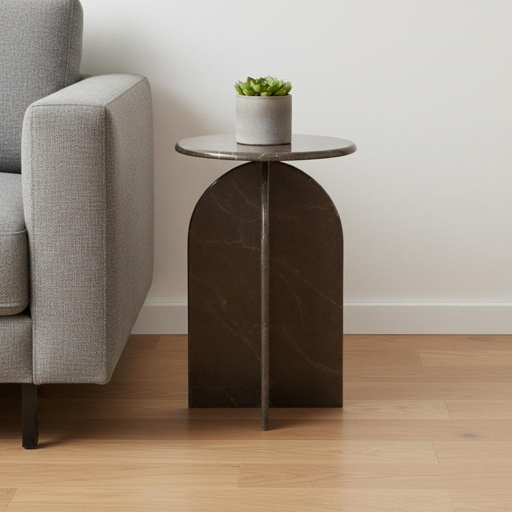 HomeRoots 24" Brown Marble Round Pedestal End Table - Elegant Accent for Living Room, Bedroom, or Office Decor 605358