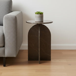 HomeRoots 24" Brown Marble Round Pedestal End Table - Elegant Accent for Living Room, Bedroom, or Office Decor 605358
