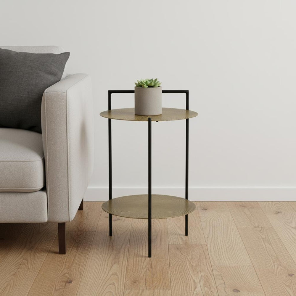 HomeRoots 22" Brass Iron Round End Table with Convenient Shelf - Stylish, Vintage-Inspired Design for Any Space 605360
