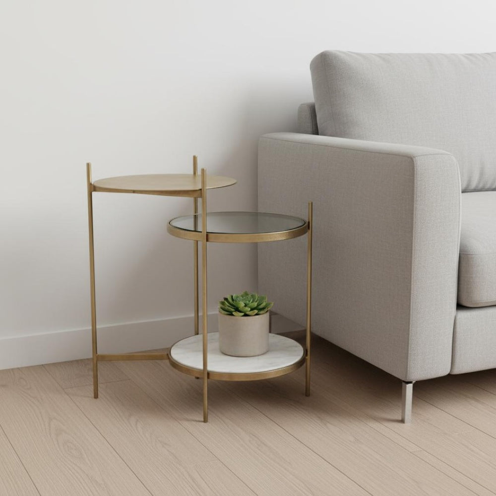 HomeRoots 24" Brass Iron Round End Table – Stylish Compact Design with Shelf for Living Room & Bedroom Use 605362