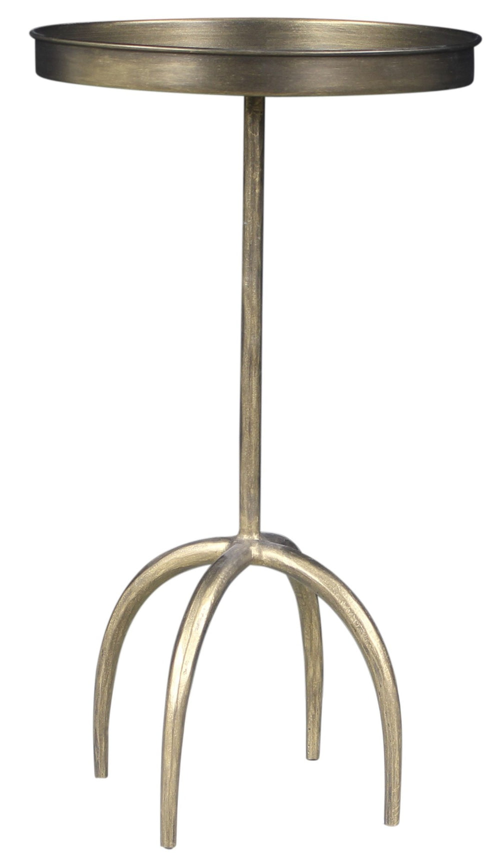 HomeRoots 23" Vintage Brass Distressed Iron Round Pedestal Tray Table - Stylish End Table for Any Space 605363