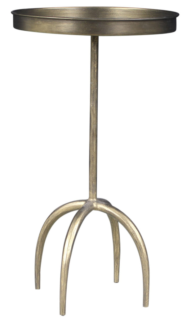 HomeRoots 23" Vintage Brass Distressed Iron Round Pedestal Tray Table - Stylish End Table for Any Space 605363