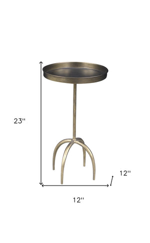 HomeRoots 23" Vintage Brass Distressed Iron Round Pedestal Tray Table - Stylish End Table for Any Space 605363