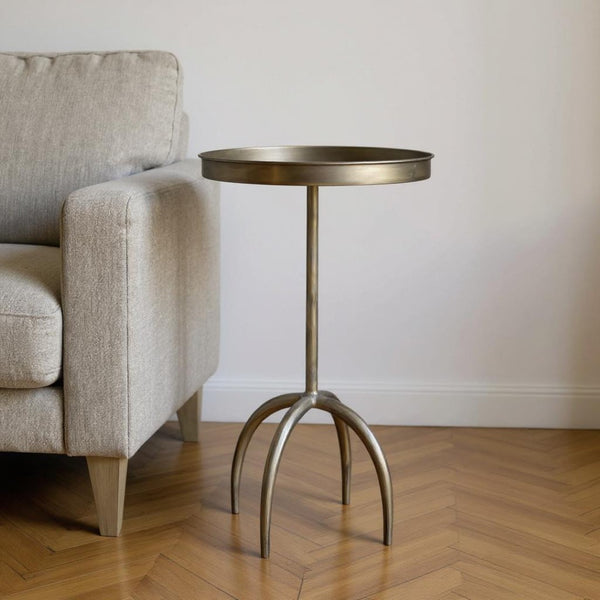 HomeRoots 23" Vintage Brass Distressed Iron Round Pedestal Tray Table - Stylish End Table for Any Space 605363