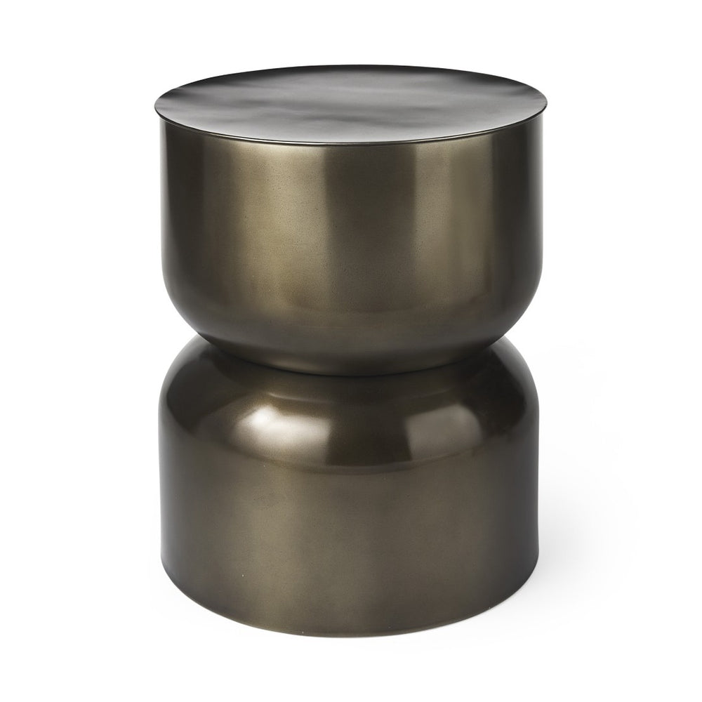 HomeRoots 20" Antiqued Gold Iron Drum End Table - Modern Industrial Accent for Living Spaces & Bedrooms 605364
