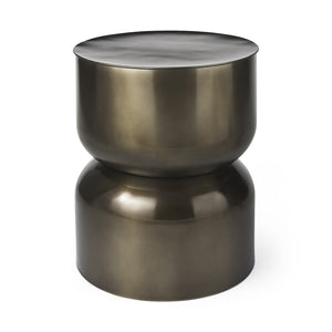HomeRoots 20" Antiqued Gold Iron Drum End Table - Modern Industrial Accent for Living Spaces & Bedrooms 605364