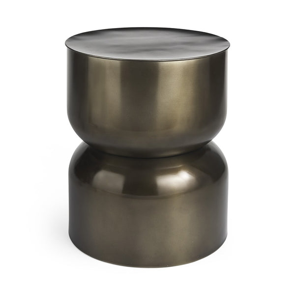 HomeRoots 20" Antiqued Gold Iron Drum End Table - Modern Industrial Accent for Living Spaces & Bedrooms 605364