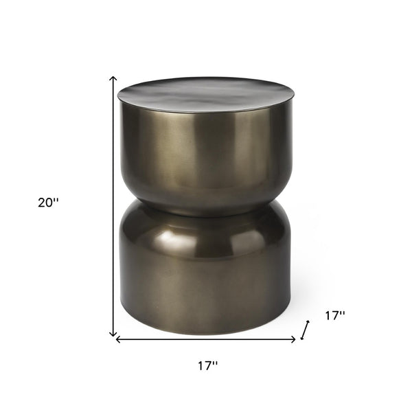 HomeRoots 20" Antiqued Gold Iron Drum End Table - Modern Industrial Accent for Living Spaces & Bedrooms 605364
