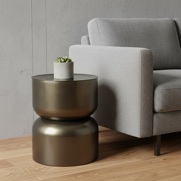 HomeRoots 20" Antiqued Gold Iron Drum End Table - Modern Industrial Accent for Living Spaces & Bedrooms 605364