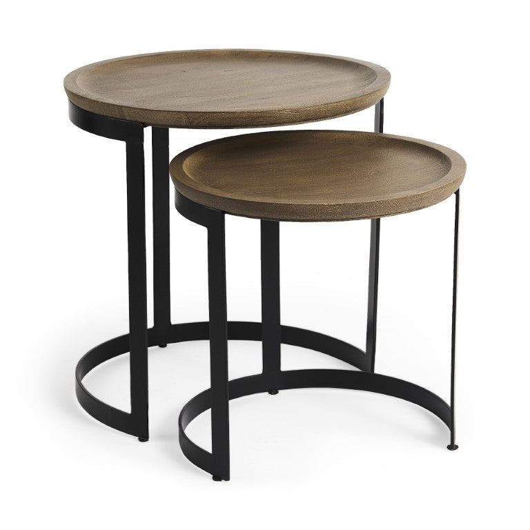 HomeRoots Set of Two Rustic Iron and Solid Wood Nesting Round Tables for Living Room Decor 605367