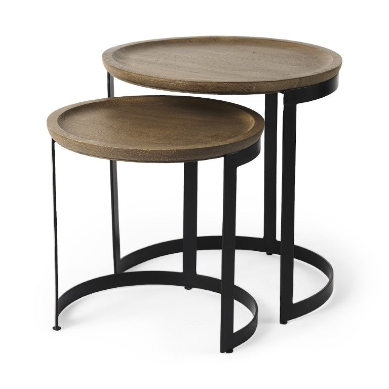 HomeRoots Set of Two Rustic Iron and Solid Wood Nesting Round Tables for Living Room Decor 605367