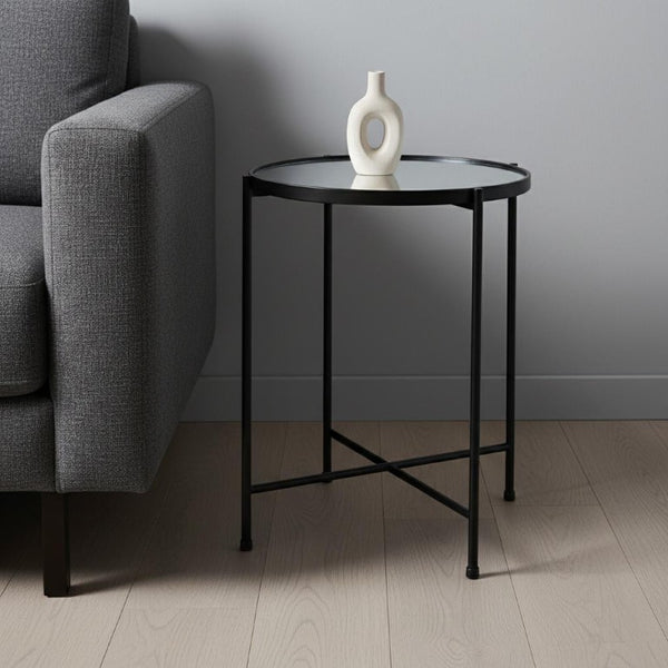 24 Inch Mirrored Glass Top Iron Round End Table for Glam Living Room Decor