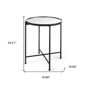 24 Inch Mirrored Glass Top Iron Round End Table for Glam Living Room Decor