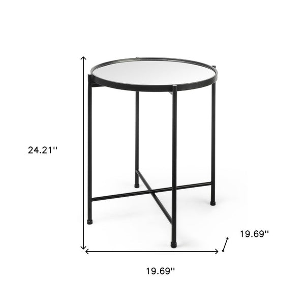 24 Inch Mirrored Glass Top Iron Round End Table for Glam Living Room Decor