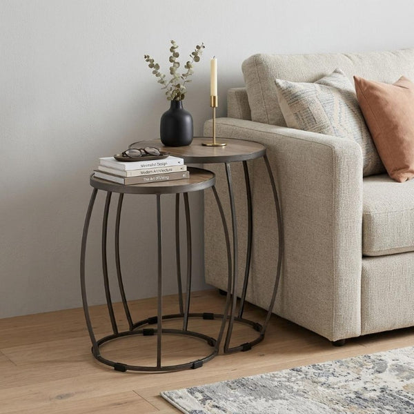Set of Two Round Nesting Tables Solid Wood Iron Frames Natural Silver Living Room