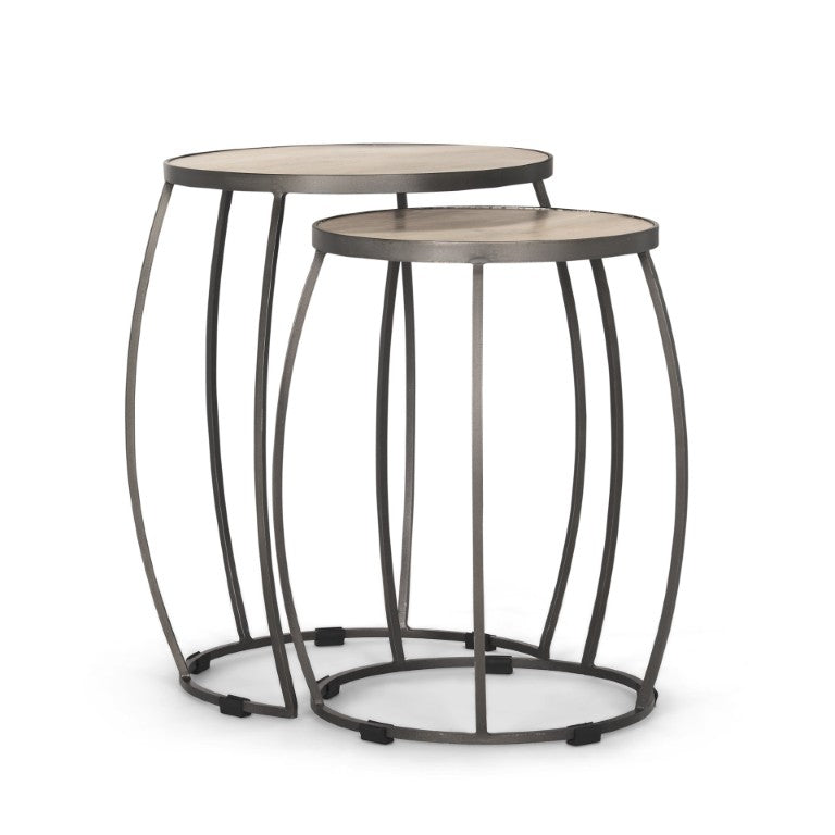 Set of Two Round Nesting Tables Solid Wood Iron Frames Natural Silver Living Room
