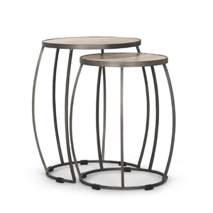Set of Two Round Nesting Tables Solid Wood Iron Frames Natural Silver Living Room