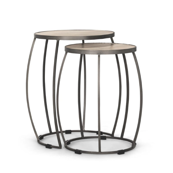 Set of Two Round Nesting Tables Solid Wood Iron Frames Natural Silver Living Room
