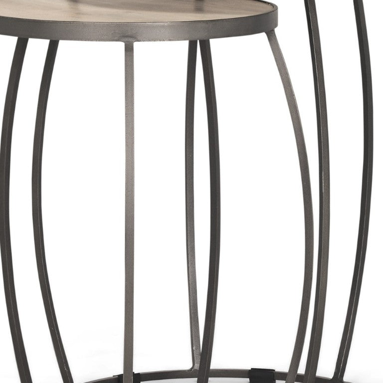 Set of Two Round Nesting Tables Solid Wood Iron Frames Natural Silver Living Room