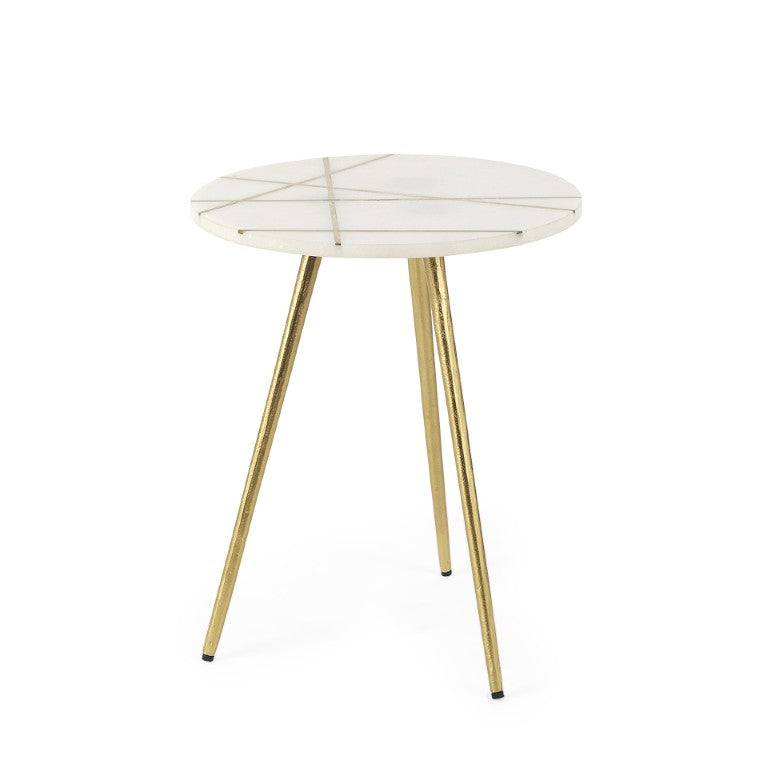 HomeRoots 16 Inch Round Marble Stone Accent Tray Table with Gilded Metal Base Elegant Decor 605372