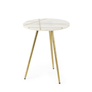HomeRoots 16 Inch Round Marble Stone Accent Tray Table with Gilded Metal Base Elegant Decor 605372