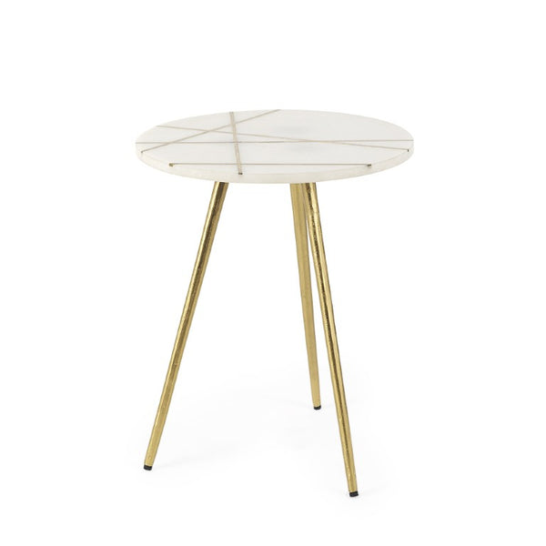 HomeRoots 16 Inch Round Marble Stone Accent Tray Table with Gilded Metal Base Elegant Decor 605372