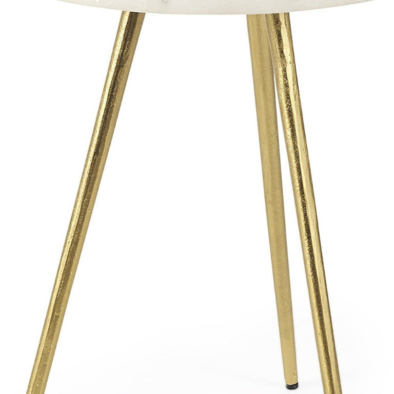 HomeRoots 16 Inch Round Marble Stone Accent Tray Table with Gilded Metal Base Elegant Decor 605372