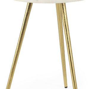 16 Inch Round Marble Stone Accent Tray Table with Gilded Metal Base Elegant Decor