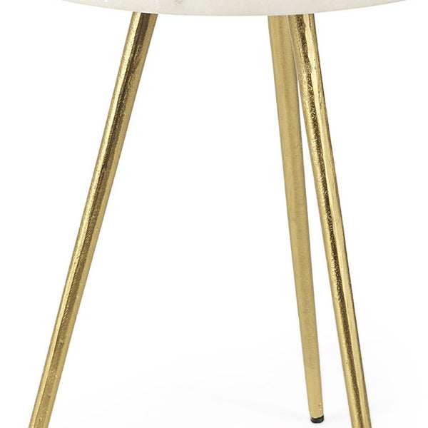 16 Inch Round Marble Stone Accent Tray Table with Gilded Metal Base Elegant Decor