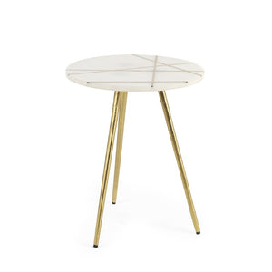 16 Inch Round Marble Stone Accent Tray Table with Gilded Metal Base Elegant Decor