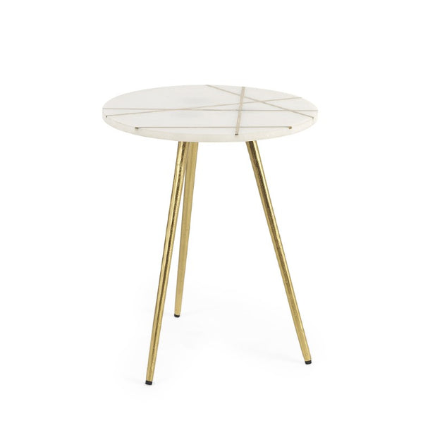 16 Inch Round Marble Stone Accent Tray Table with Gilded Metal Base Elegant Decor