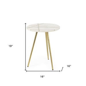16 Inch Round Marble Stone Accent Tray Table with Gilded Metal Base Elegant Decor