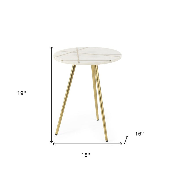 16 Inch Round Marble Stone Accent Tray Table with Gilded Metal Base Elegant Decor