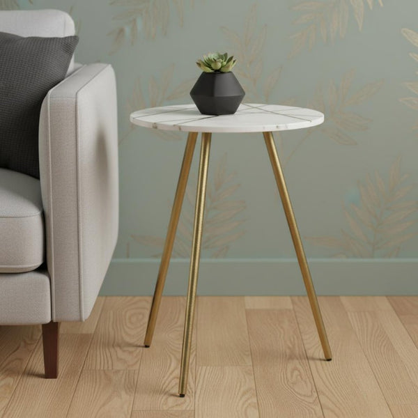 18 Inch Round Glam Tray Table with Stone Top and Golden Metal Base for Living Room