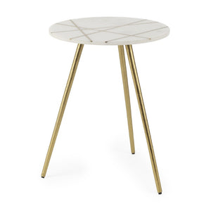 HomeRoots 18 Inch Round Glam Tray Table with Stone Top and Golden Metal Base for Living Room 605373