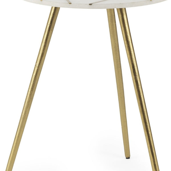 18 Inch Round Glam Tray Table with Stone Top and Golden Metal Base for Living Room
