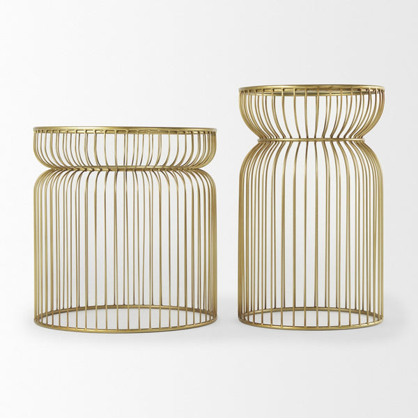 HomeRoots Set of Two Modern Clear Glass & Gold Metal Round Drum End Tables for Stylish Living Spaces 605374