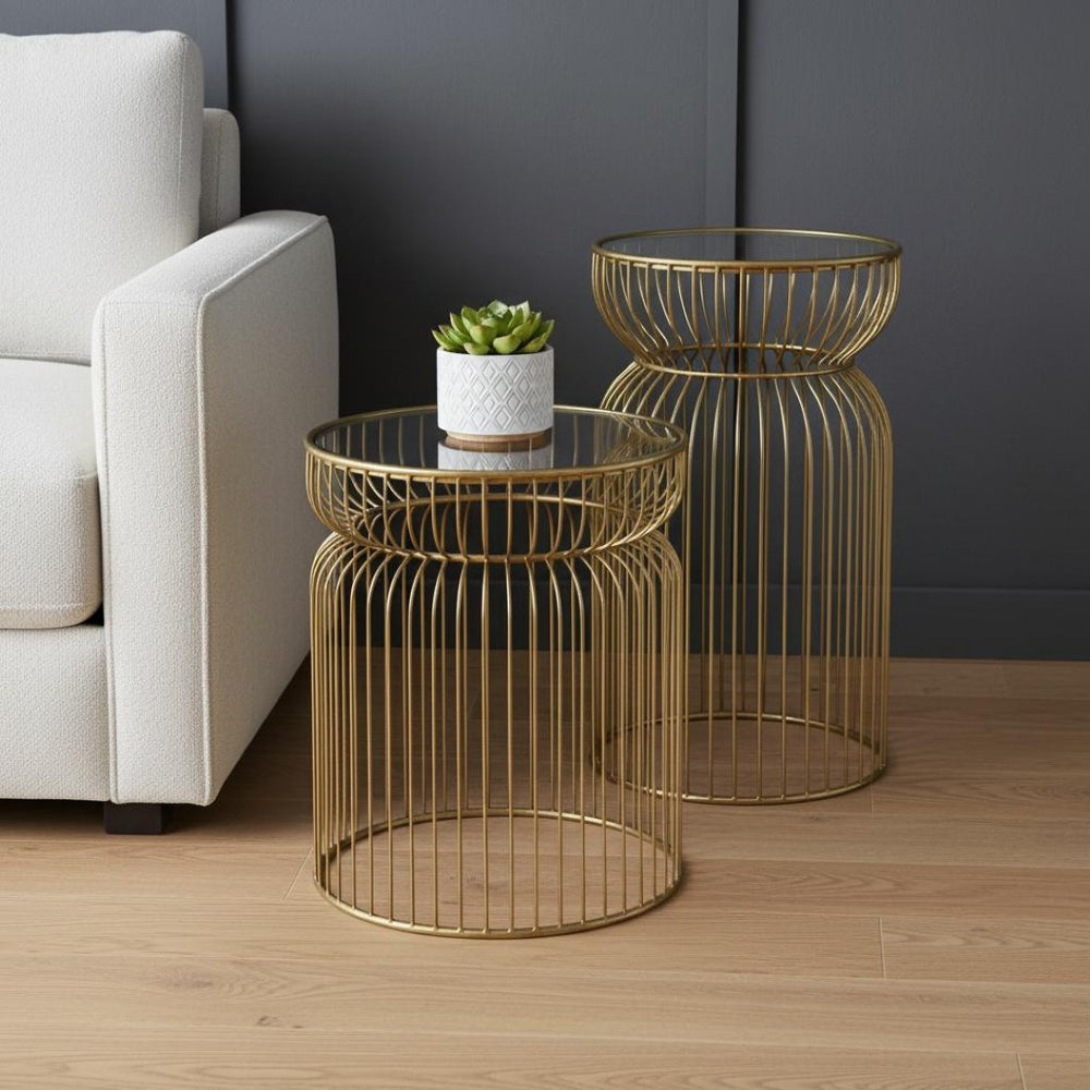HomeRoots Set of Two Modern Clear Glass & Gold Metal Round Drum End Tables for Stylish Living Spaces 605374