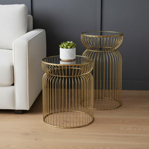 HomeRoots Set of Two Modern Clear Glass & Gold Metal Round Drum End Tables for Stylish Living Spaces 605374