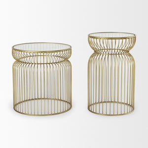 HomeRoots Set of Two Modern Clear Glass & Gold Metal Round Drum End Tables for Stylish Living Spaces 605374