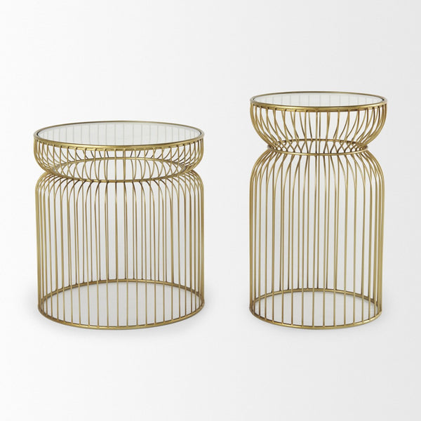 HomeRoots Set of Two Modern Clear Glass & Gold Metal Round Drum End Tables for Stylish Living Spaces 605374