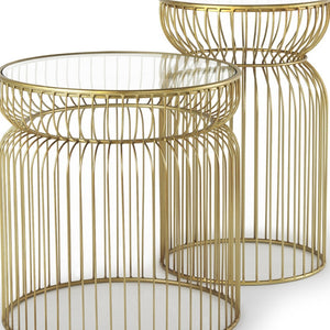 HomeRoots Set of Two Modern Clear Glass & Gold Metal Round Drum End Tables for Stylish Living Spaces 605374