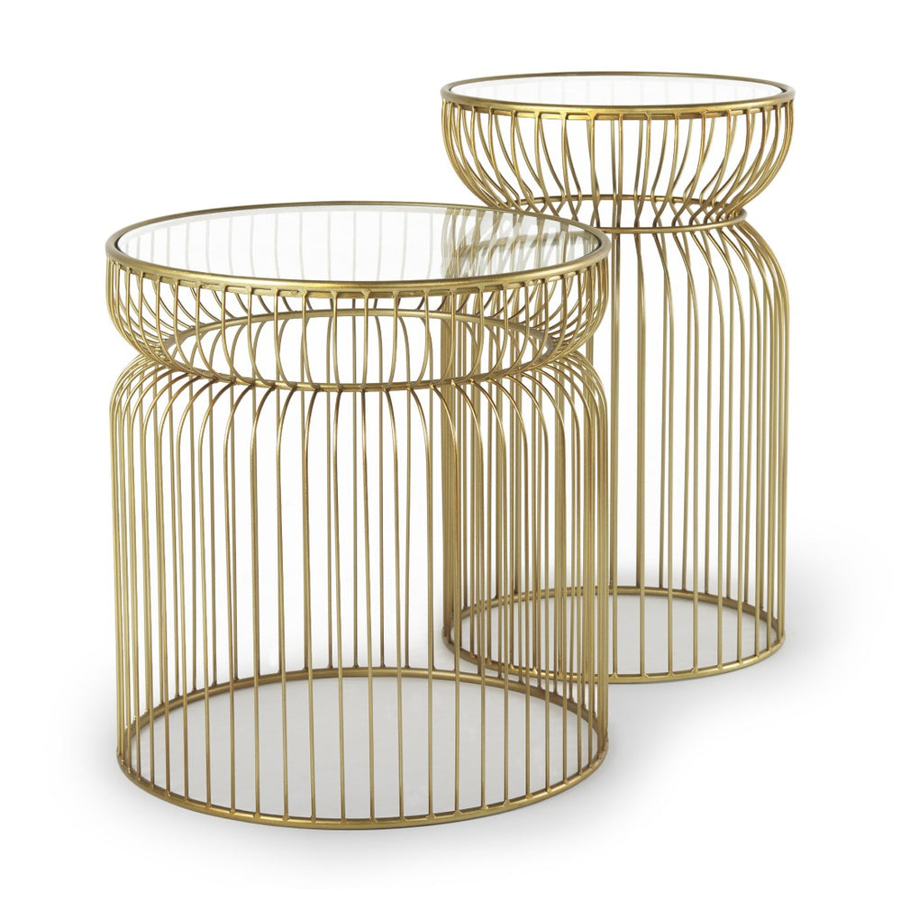 HomeRoots Set of Two Modern Clear Glass & Gold Metal Round Drum End Tables for Stylish Living Spaces 605374